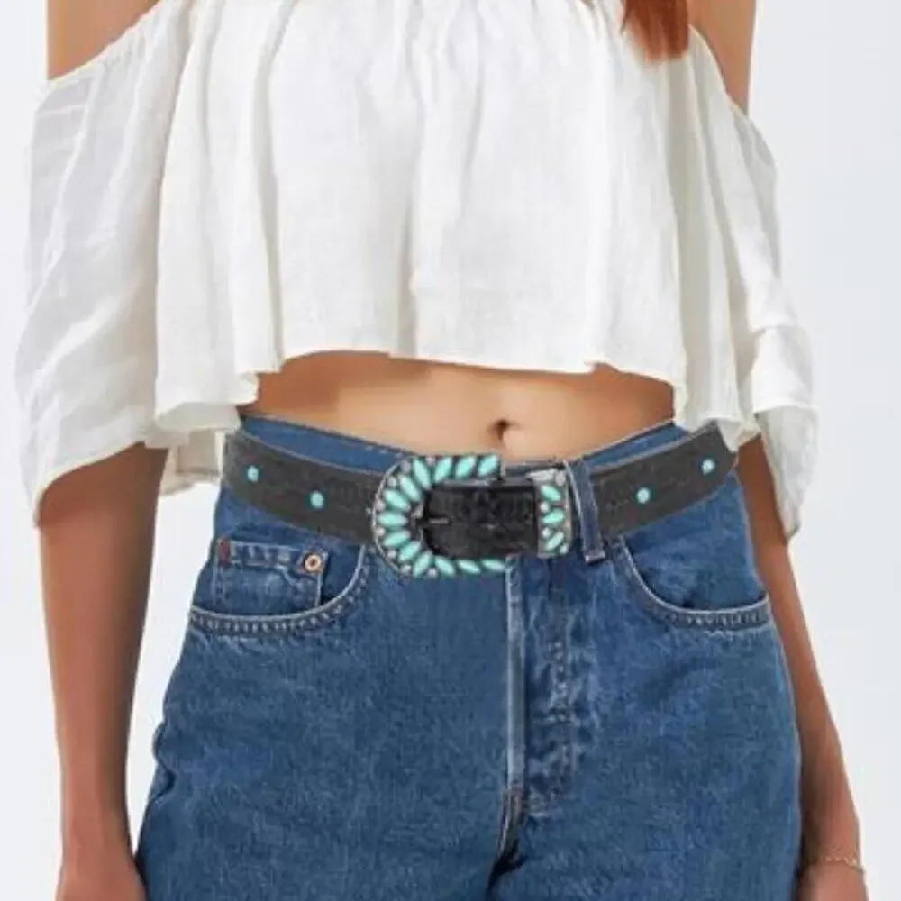 Women’s Western Turquoise Cowgirl Black Leather Belt for Jeans & Pants 42